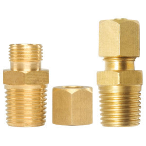 Appli Parts APWF-100BC Acople de Reduccion de compresion de laton de 1/4 pulg para filtro de agua en linea con conexion NPT macho de 3/8 pulg para tuberia de cobre o PVC